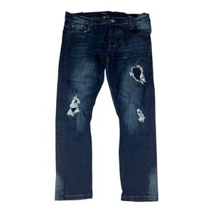 Dash Denim Men's Slim Fit Distressed Ripped Dark Wash Jeans Size 46x32